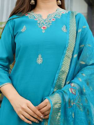 Women  Viscose Embroidery Work Straight Kurta Pant and Dupatta Set 2