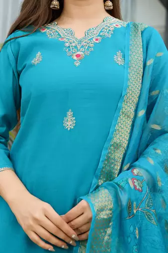 Women  Viscose Embroidery Work Straight Kurta Pant and Dupatta Set