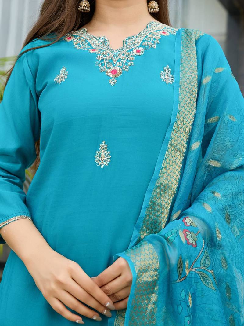 Women Gorgeous Viscose Fabric Embroidery Work Straight Kurta, Pant and Dupatta Set