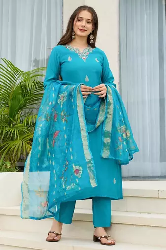 Women  Viscose Embroidery Work Straight Kurta Pant and Dupatta Set