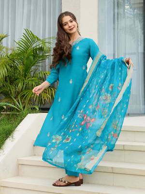Women  Viscose Embroidery Work Straight Kurta Pant and Dupatta Set 5