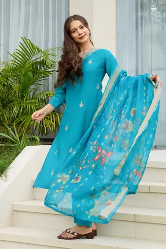 Women  Viscose Embroidery Work Straight Kurta Pant and Dupatta Set