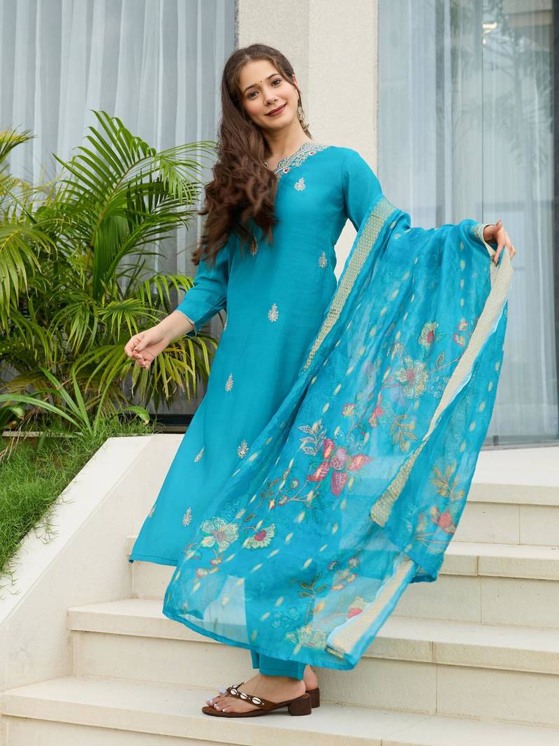 Women Gorgeous Viscose Fabric Embroidery Work Straight Kurta, Pant and Dupatta Set