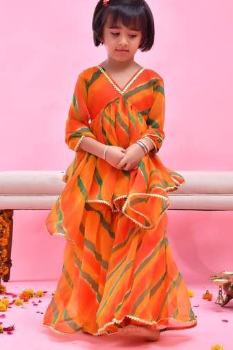 Orange printed chiffon sharara set