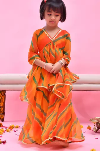 Orange printed chiffon sharara set