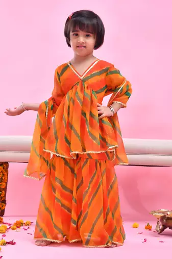 Orange printed chiffon sharara set