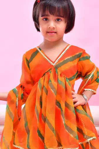 Orange printed chiffon sharara set
