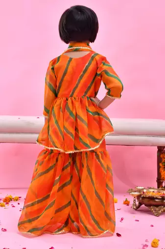 Orange printed chiffon sharara set