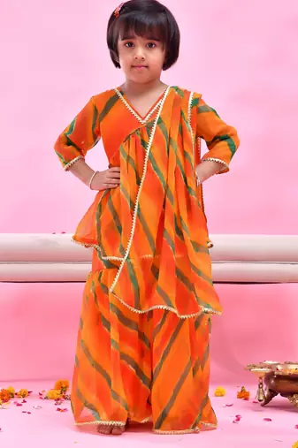 Orange printed chiffon sharara set