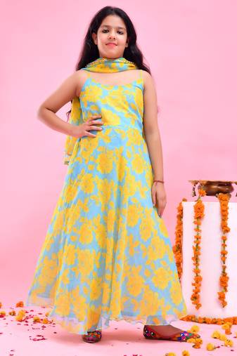 Yellow printed chiffon anarkali