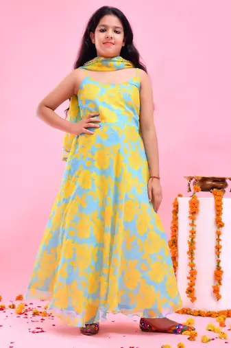Yellow printed chiffon anarkali
