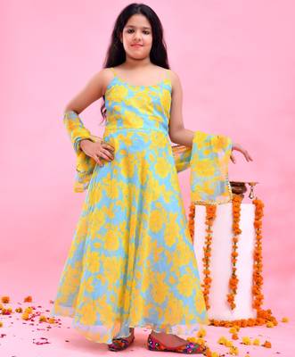 Yellow printed chiffon anarkali 2