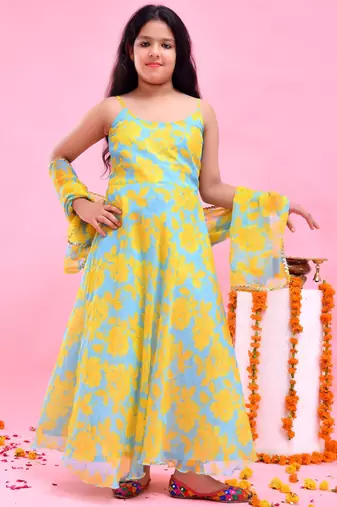 Yellow printed chiffon anarkali