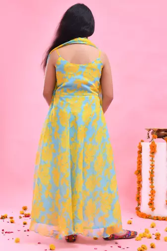 Yellow printed chiffon anarkali