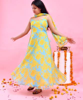 Yellow printed chiffon anarkali 5