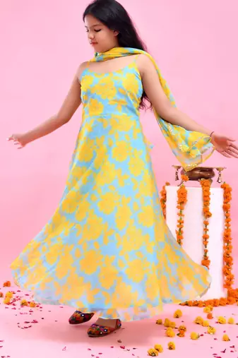 Yellow printed chiffon anarkali