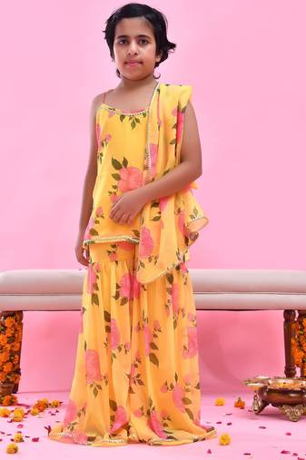 Yellow printed georgette sharara set