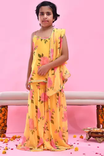 Yellow printed georgette sharara set