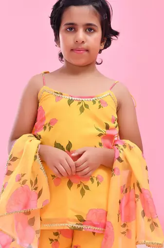 Yellow printed georgette sharara set