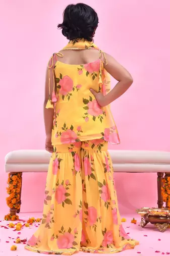 Yellow printed georgette sharara set