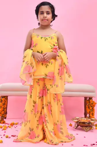 Yellow printed georgette sharara set