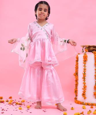 Pink embroidered satin georgette sharara set 1