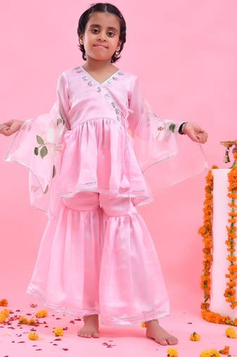 Pink embroidered satin georgette sharara set
