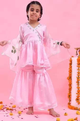 Pink embroidered satin georgette sharara set