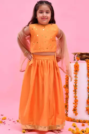 Orange printed dupion lehenga set