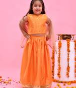 Orange printed dupion lehenga set