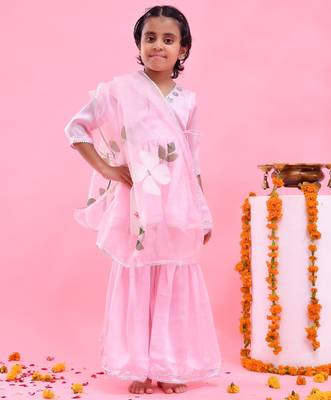 Pink embroidered satin georgette sharara set 2