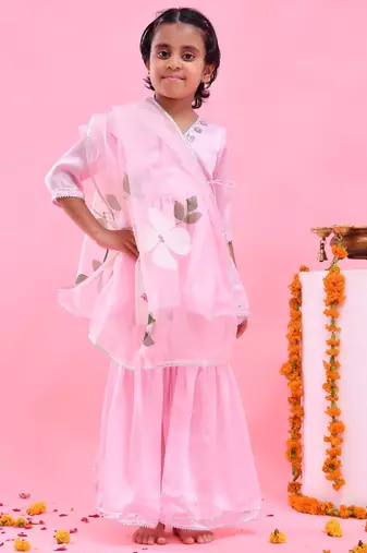 Pink embroidered satin georgette sharara set