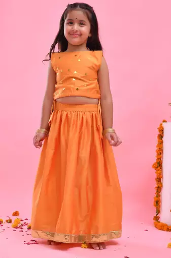 Orange printed dupion lehenga set