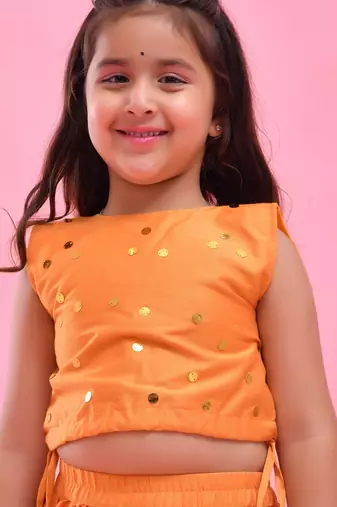 Orange printed dupion lehenga set