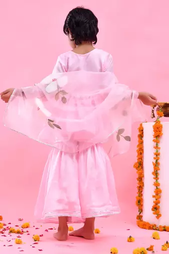 Pink embroidered satin georgette sharara set