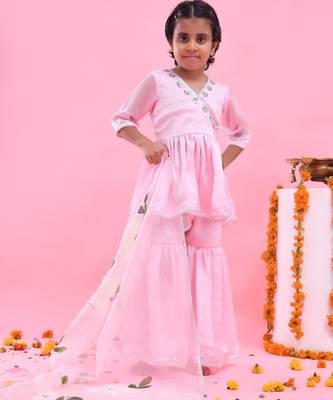 Pink embroidered satin georgette sharara set 5