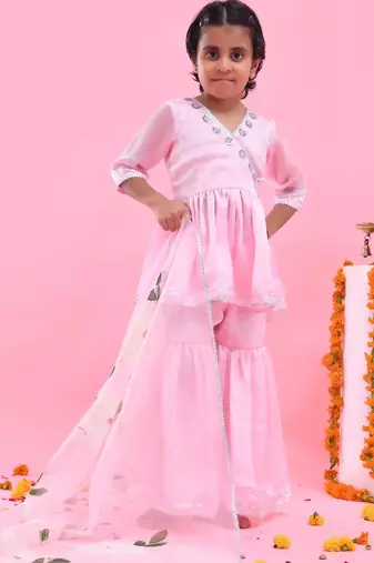 Pink embroidered satin georgette sharara set