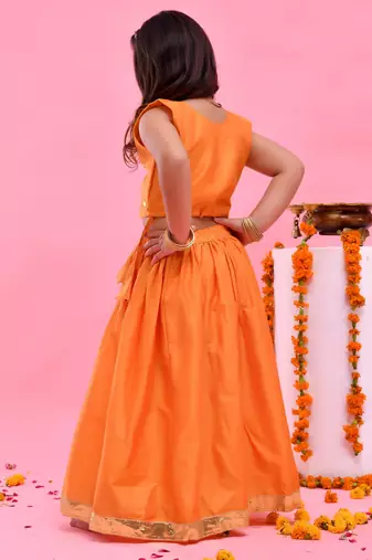 Orange printed dupion lehenga set