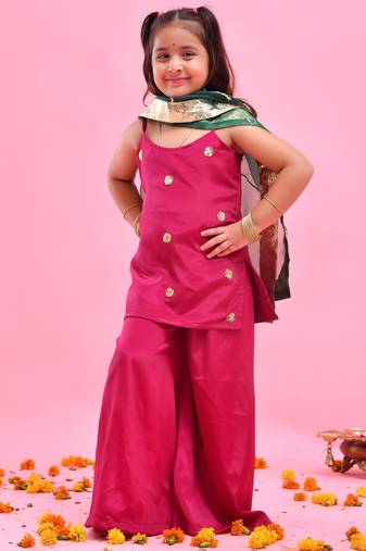 Pink plain crepe silk sharara set