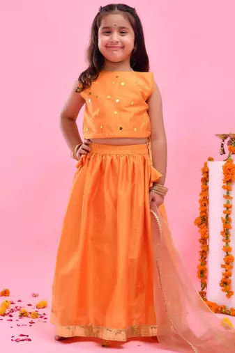 Orange printed dupion lehenga set