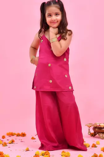 Pink plain crepe silk sharara set