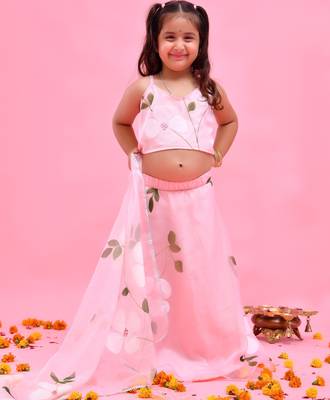 Pink printed organza lehenga set 1