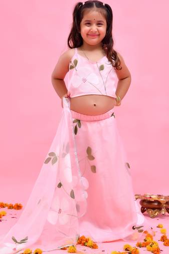 Pink printed organza lehenga set