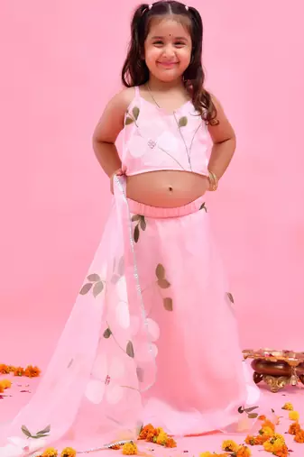 Pink printed organza lehenga set
