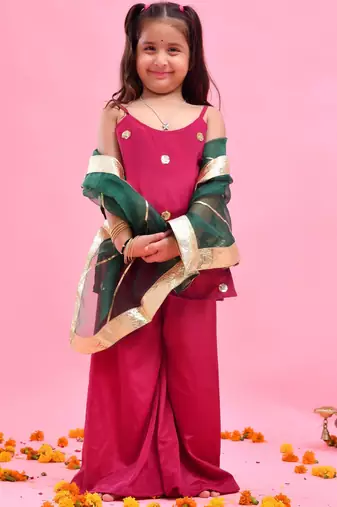 Pink plain crepe silk sharara set