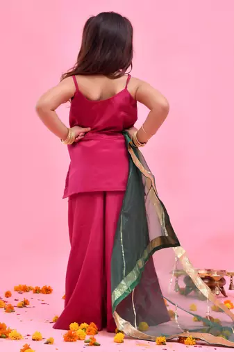 Pink plain crepe silk sharara set