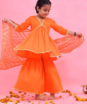 Orange plain cotton silk sharara set 1