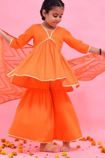 Orange plain cotton silk sharara set