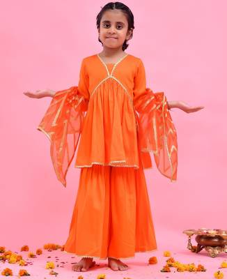 Orange plain cotton silk sharara set 2