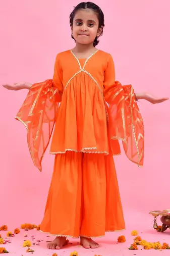 Orange plain cotton silk sharara set